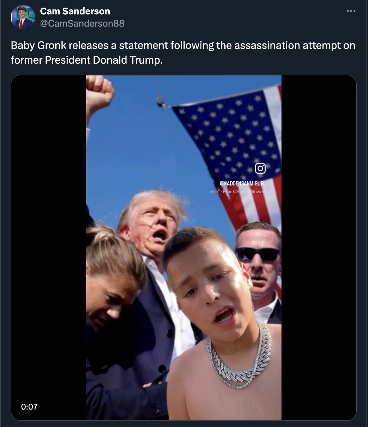 flag of the united states - Cam Sanderson Baby Gronk releases a statement ing the assassination attempt on former President Donald Trump. O Gmaddensanmiguel core Frank Saint Slowed